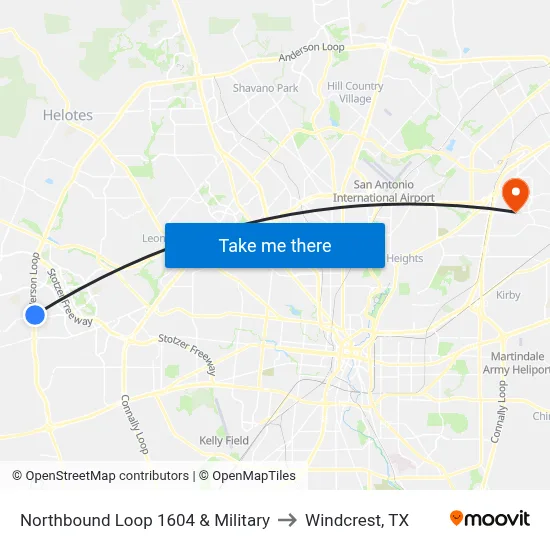Northbound Loop 1604 & Military to Windcrest, TX map