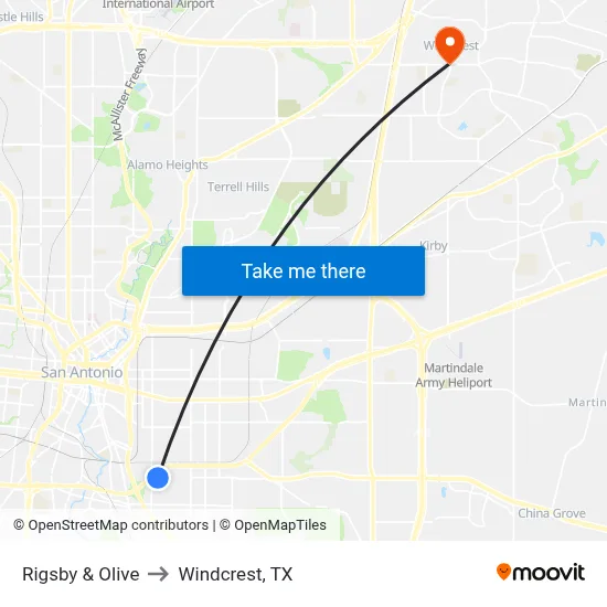 Rigsby & Olive to Windcrest, TX map