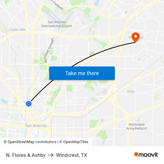 N. Flores & Ashby to Windcrest, TX map