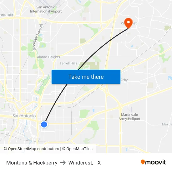 Montana & Hackberry to Windcrest, TX map
