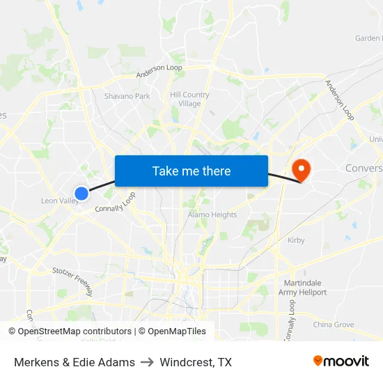 Merkens & Edie Adams to Windcrest, TX map