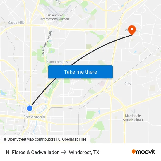 N. Flores & Cadwallader to Windcrest, TX map