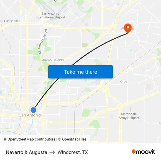 Navarro & Augusta to Windcrest, TX map