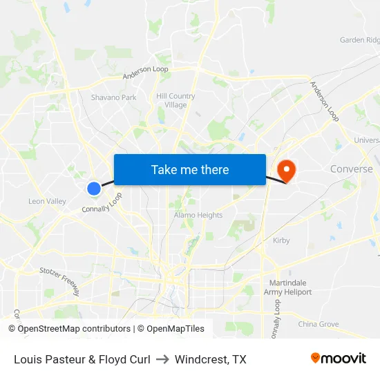 Louis Pasteur & Floyd Curl to Windcrest, TX map