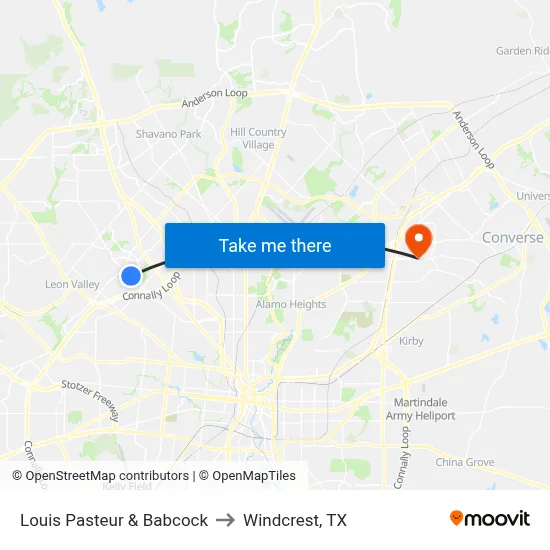Louis Pasteur & Babcock to Windcrest, TX map