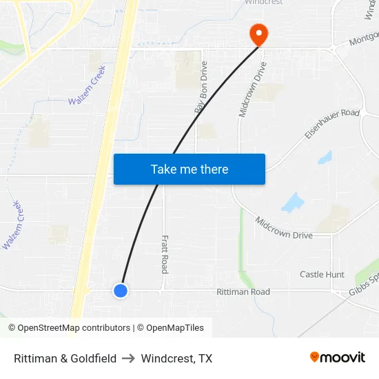 Rittiman & Goldfield to Windcrest, TX map