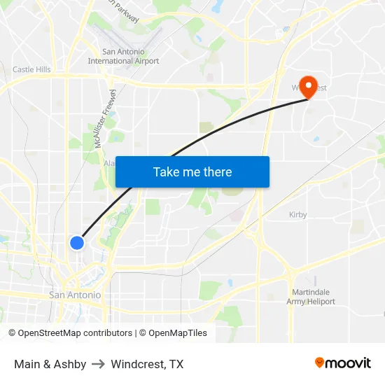 Main & Ashby to Windcrest, TX map