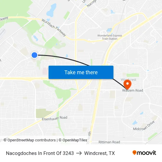 Nacogdoches In Front Of 3243 to Windcrest, TX map