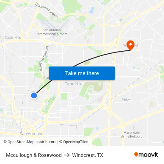 Mccullough & Rosewood to Windcrest, TX map