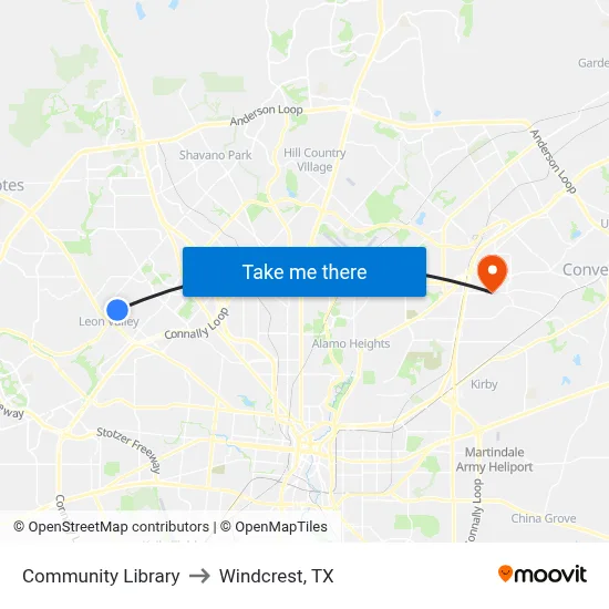 Community Library to Windcrest, TX map