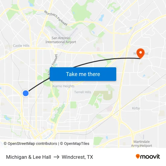 Michigan & Lee Hall to Windcrest, TX map