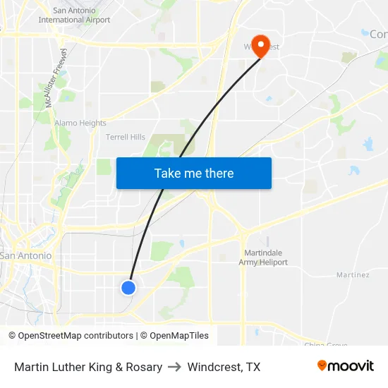 Martin Luther King & Rosary to Windcrest, TX map