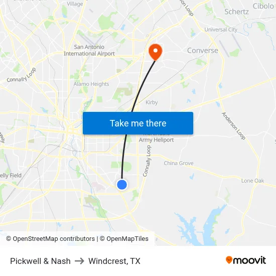 Pickwell & Nash to Windcrest, TX map