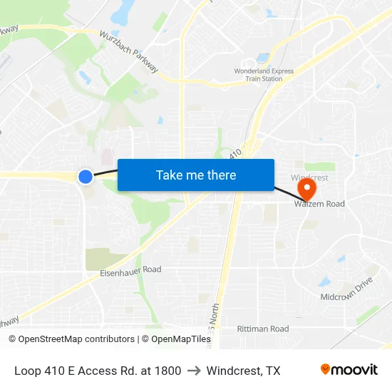 Loop 410 E Access Rd. at 1800 to Windcrest, TX map