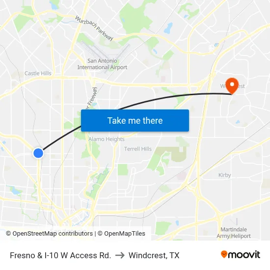 Fresno & I-10 W Access Rd. to Windcrest, TX map