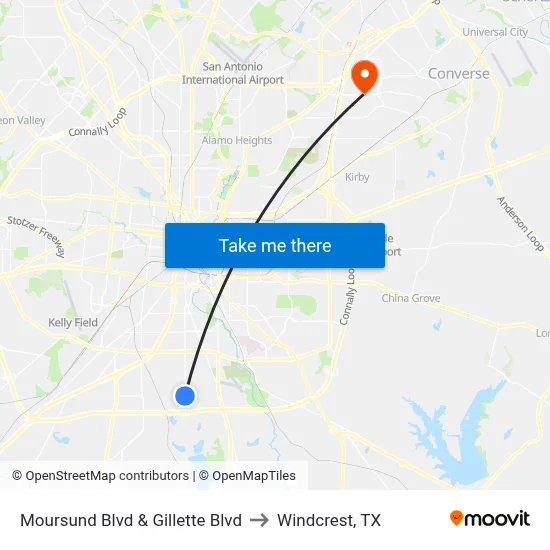 Moursund Blvd & Gillette Blvd to Windcrest, TX map