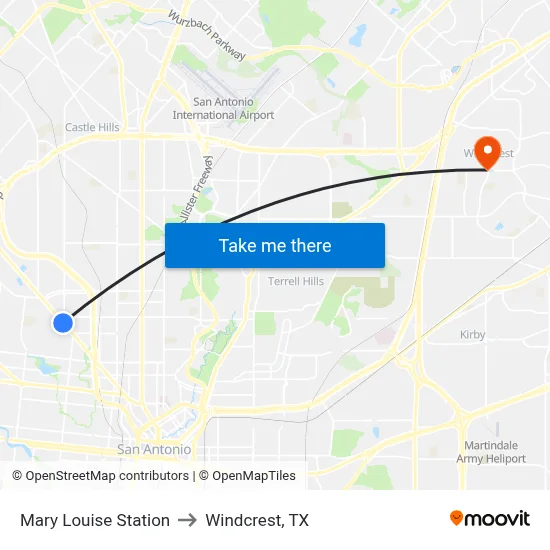 Mary Louise Station to Windcrest, TX map