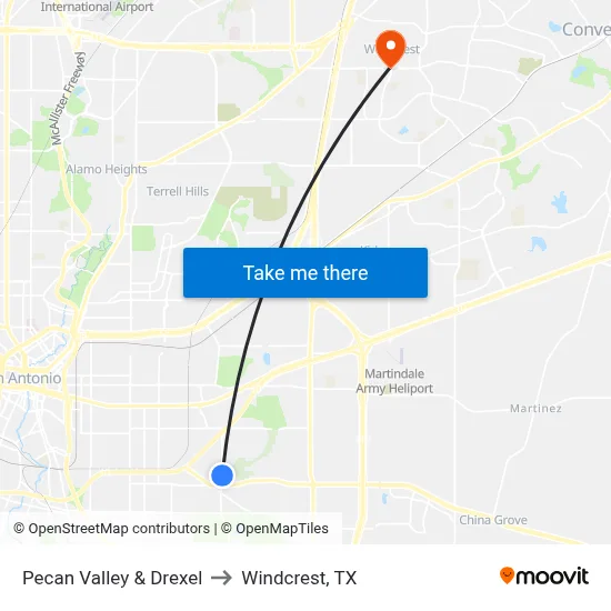 Pecan Valley & Drexel to Windcrest, TX map