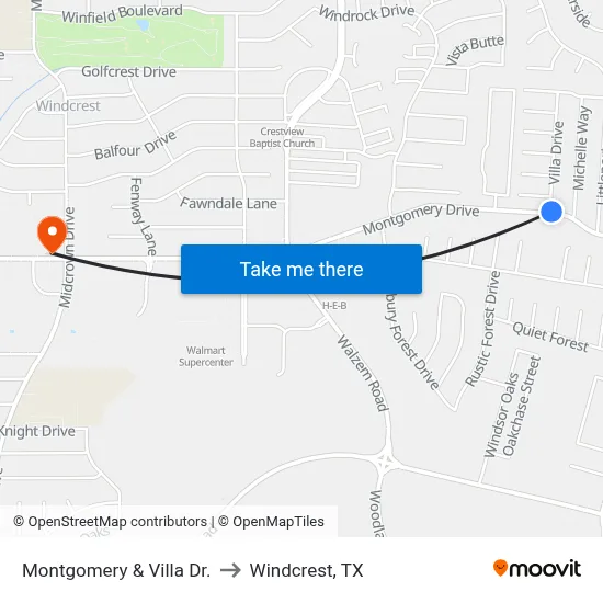 Montgomery & Villa Dr. to Windcrest, TX map