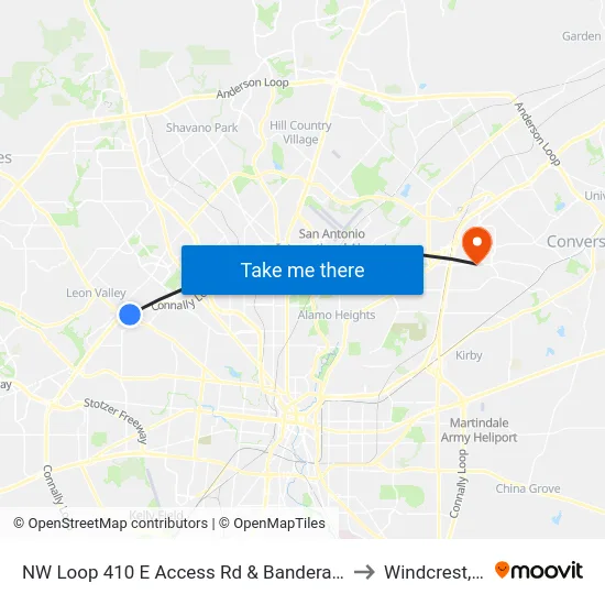 NW Loop 410 E Access Rd & Bandera (400') to Windcrest, TX map