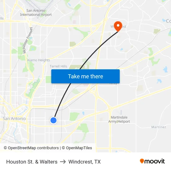 Houston St. & Walters to Windcrest, TX map