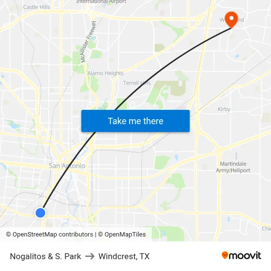 Nogalitos & S. Park to Windcrest, TX map