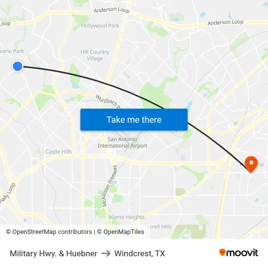 Military Hwy. & Huebner to Windcrest, TX map