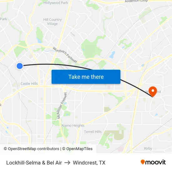 Lockhill-Selma & Bel Air to Windcrest, TX map