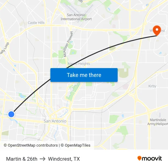 Martin & 26th to Windcrest, TX map