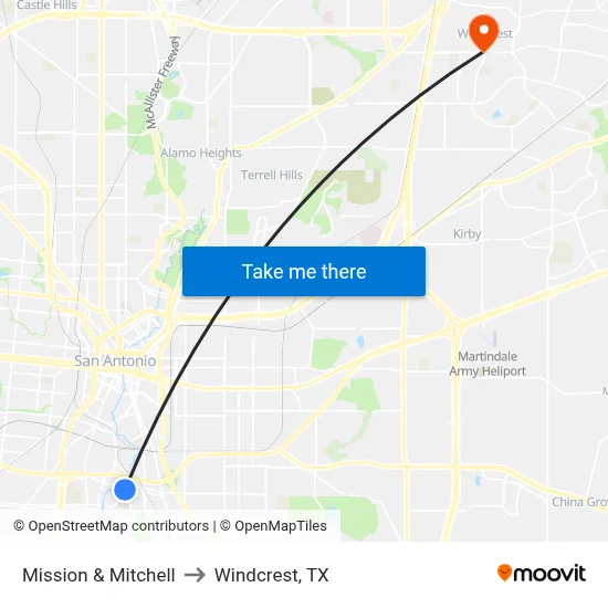 Mission & Mitchell to Windcrest, TX map