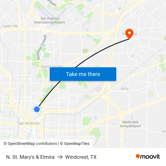 N. St. Mary's & Elmira to Windcrest, TX map