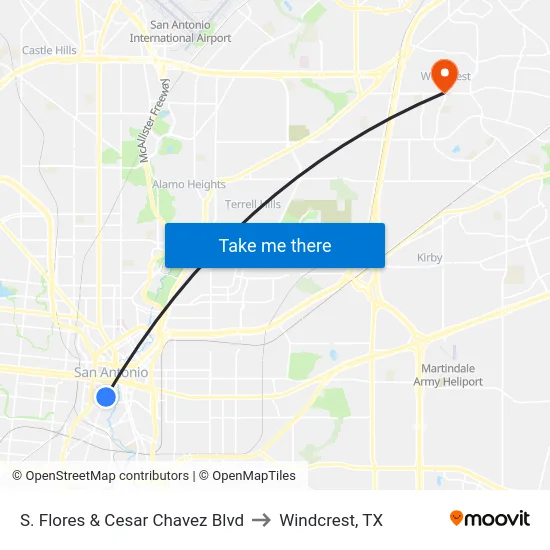S. Flores & Cesar Chavez Blvd to Windcrest, TX map