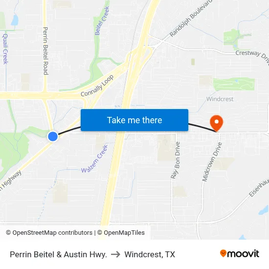 Perrin Beitel & Austin Hwy. to Windcrest, TX map
