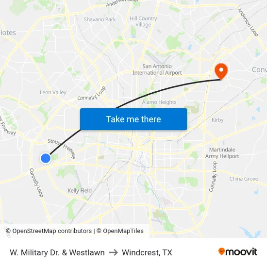 W. Military Dr. & Westlawn to Windcrest, TX map