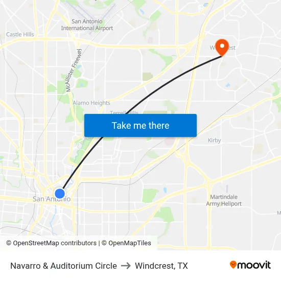 Navarro & Auditorium Circle to Windcrest, TX map