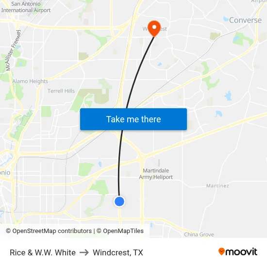 Rice & W.W. White to Windcrest, TX map