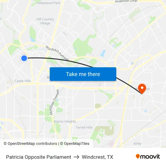 Patricia Opposite Parliament to Windcrest, TX map