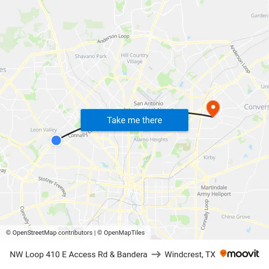 NW Loop 410 E Access Rd & Bandera to Windcrest, TX map