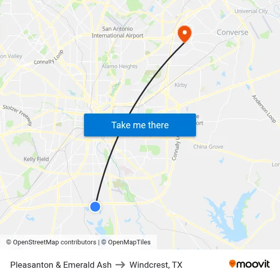 Pleasanton & Emerald Ash to Windcrest, TX map