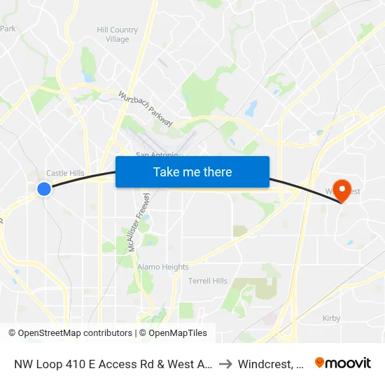 NW Loop 410 E Access Rd & West Ave to Windcrest, TX map