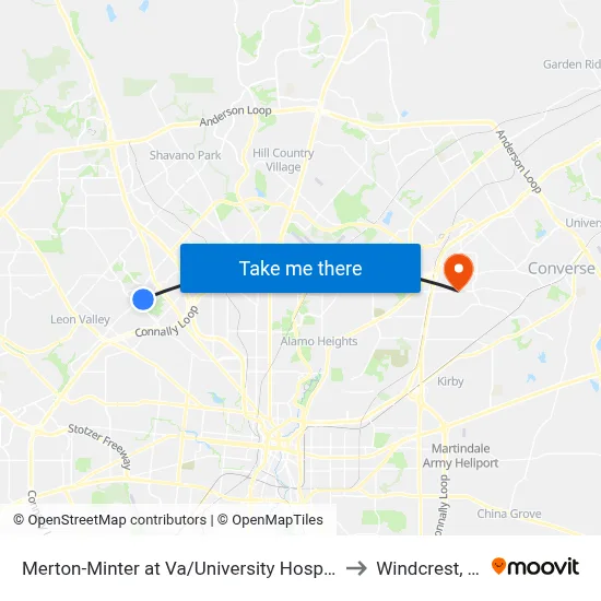 Merton-Minter at Va/University Hospitals to Windcrest, TX map