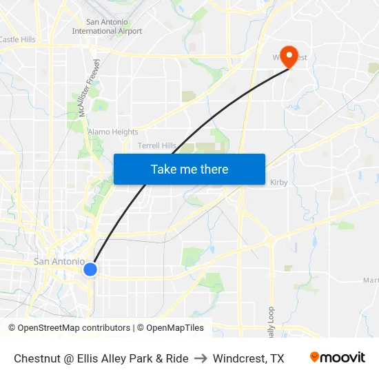Chestnut @ Ellis Alley Park & Ride to Windcrest, TX map