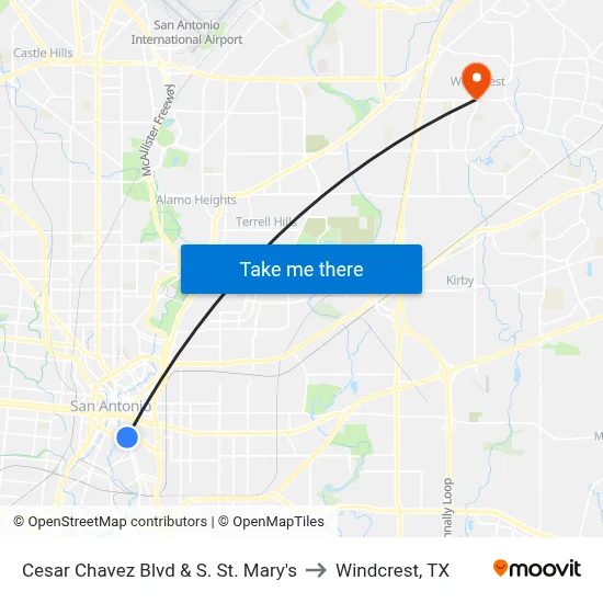 Cesar Chavez Blvd & S. St. Mary's to Windcrest, TX map