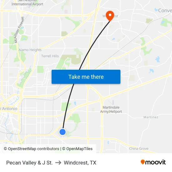 Pecan Valley & J St. to Windcrest, TX map