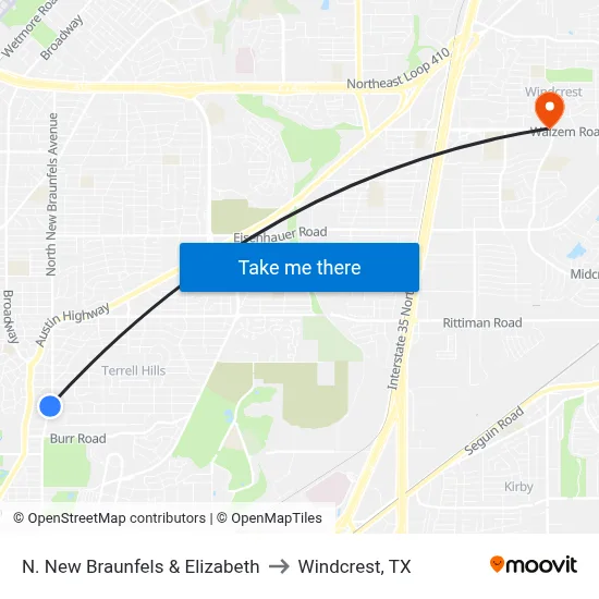 N. New Braunfels & Elizabeth to Windcrest, TX map