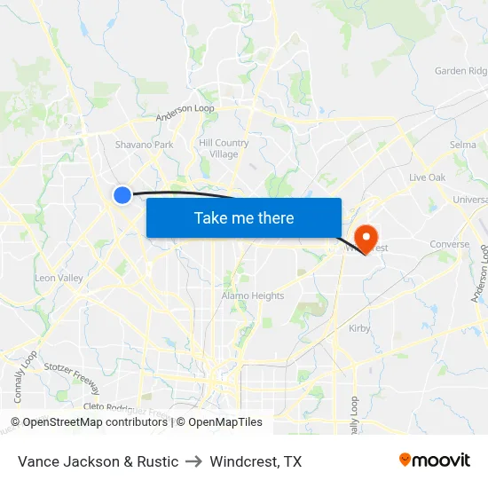 Vance Jackson & Rustic to Windcrest, TX map