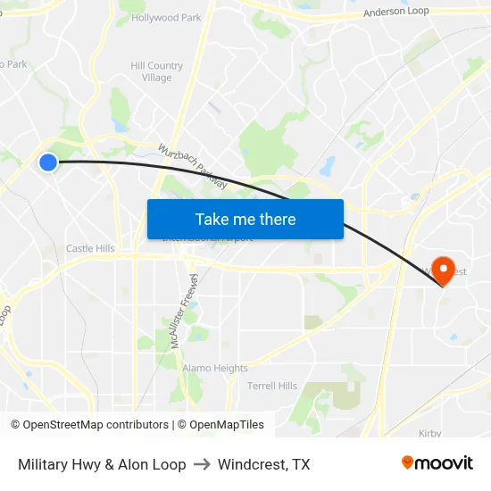 Military Hwy & Alon Loop to Windcrest, TX map