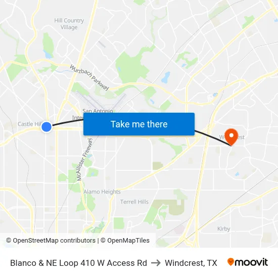 Blanco & NE Loop 410 W Access Rd to Windcrest, TX map