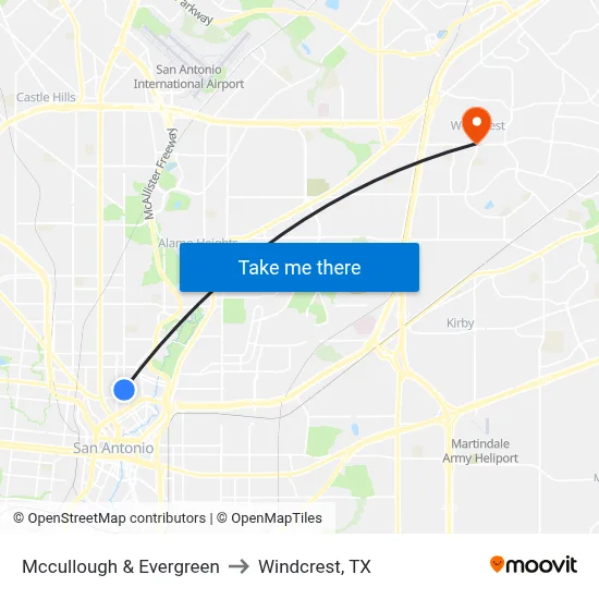Mccullough & Evergreen to Windcrest, TX map