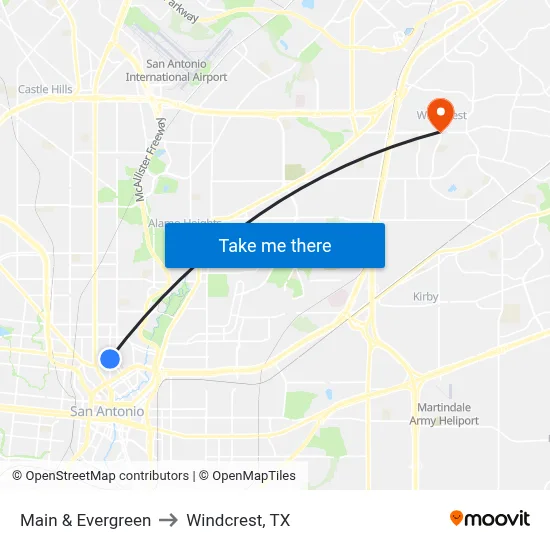 Main & Evergreen to Windcrest, TX map